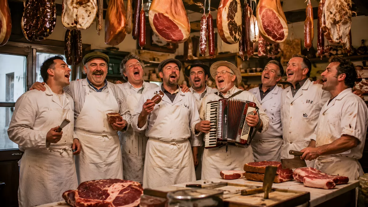 Fröhliche Metzger singen gemeinsam in der Fleischerei