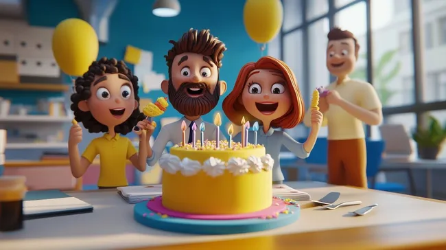 Fröhliche Mitarbeiter feiern Geburtstag mit Torte im Büro