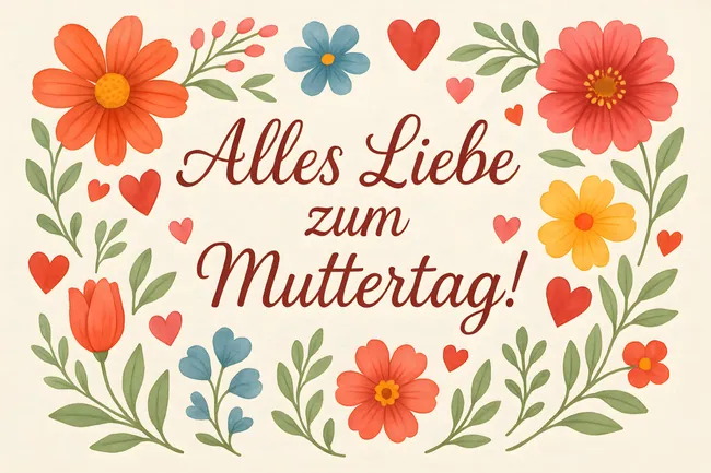 Fröhliche Muttertagskarte mit Blumen und Herzen