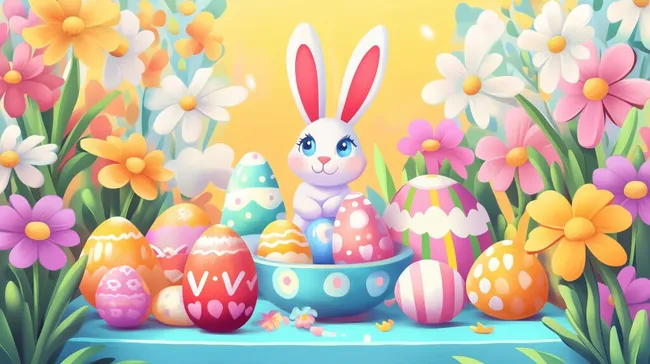 Fröhliche Osterdeko mit bunten Eiern und Blumen