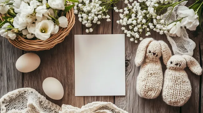 Fröhliche Osterdekoration mit Blumen und Kuscheltieren