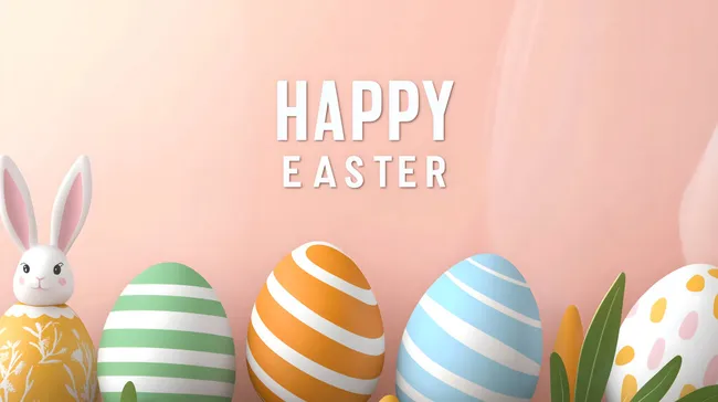 Fröhliche Osterdekoration mit bunten Eiern und Hasen