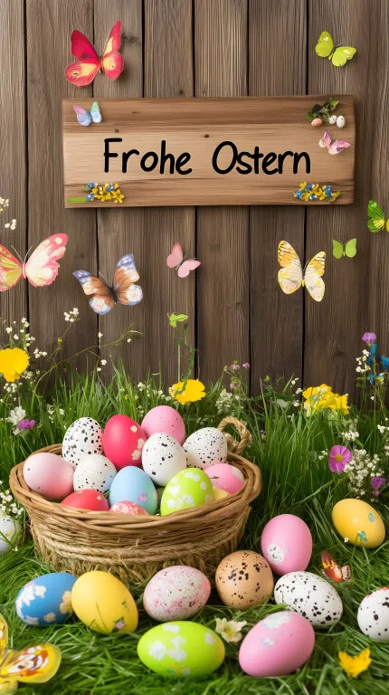 Fröhliche Osterdekoration mit Eiern und Schmetterlingen