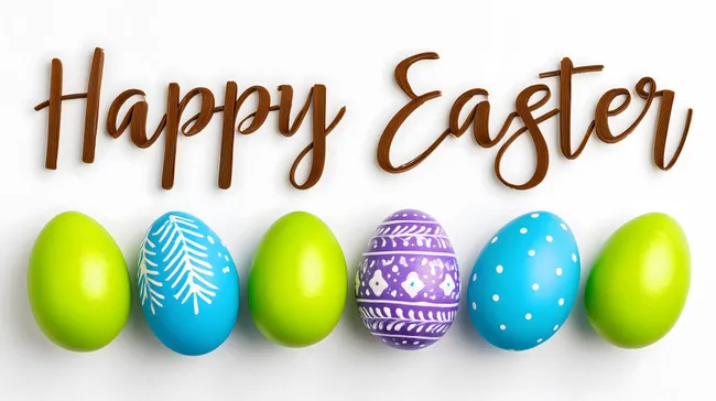 Fröhliche Ostereier in Pastellfarben mit Schriftzug