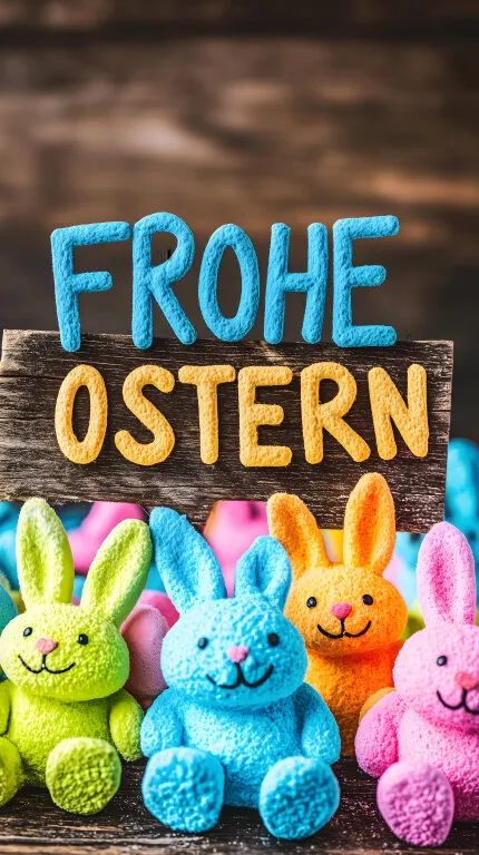 Fröhliche Ostergrüße mit bunten Stoffhasen