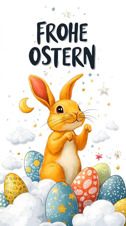 Fröhliche Ostergrüße mit Kaninchen und Eiern