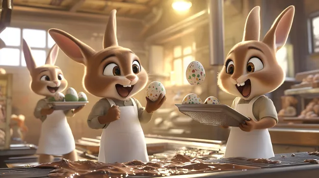 Fröhliche Osterhasen backen Schokoladeneier in Bäckerei