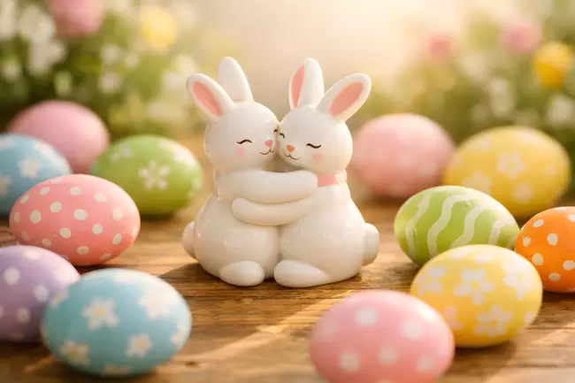 Fröhliche Osterhasen in bunter Eier-Umgebung