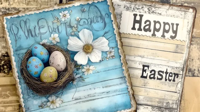 Fröhliche Osterkarte mit bunten Eiern im Nest