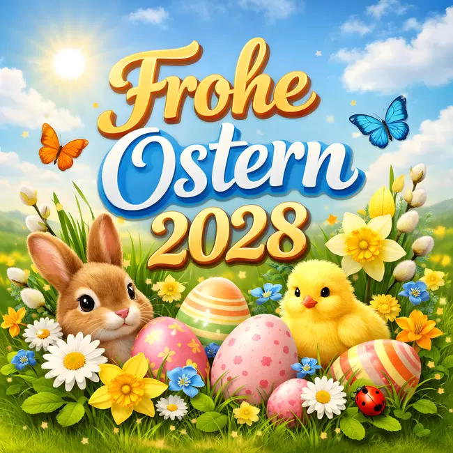 Fröhliche Ostern 2028 - Niedliche Küken und Hasen in bunter Frühlingslandschaft