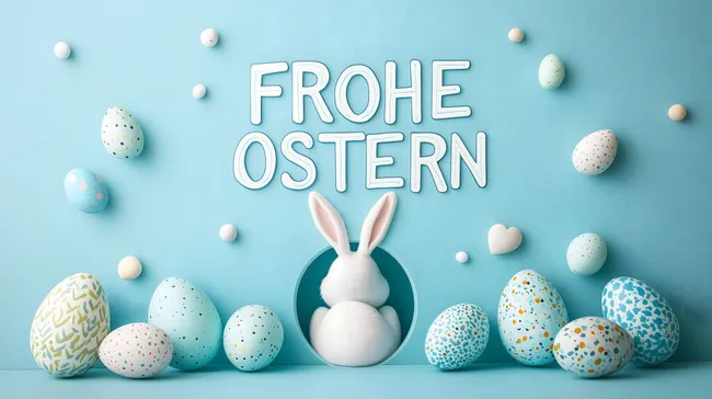 Fröhliche Ostern mit bunten Eiern und Hase