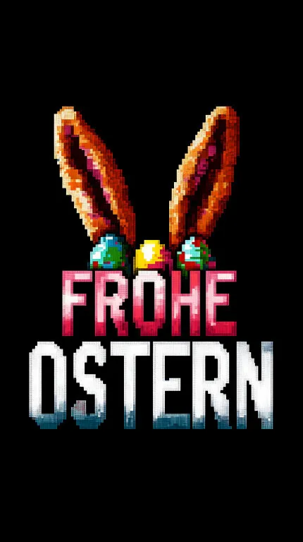 Fröhliche Ostern mit pixeligem Schriftzug und Hasenohren