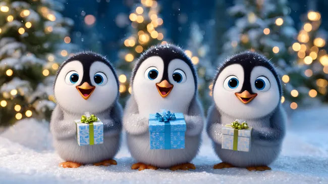 Fröhliche Pinguine mit Geschenken im Winterwald