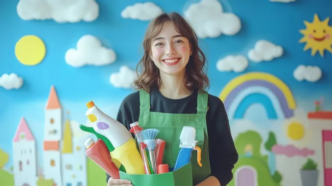 Fröhliche Putzfrau mit Reinigungsmitteln vor bunter Wand