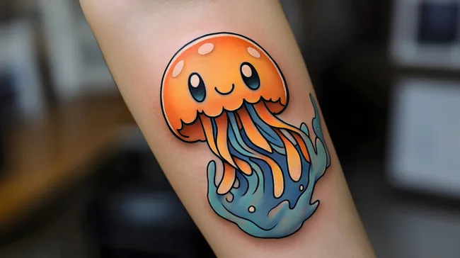 Fröhliche Qualle mit leuchtenden Tentakeln im Cartoon-Stil