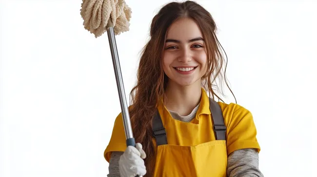 Fröhliche Reinigungskraft mit Mopp lächelnd