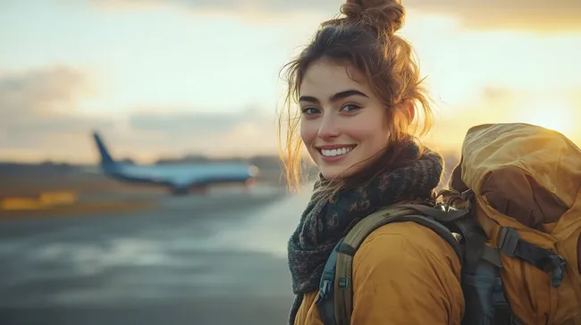 Fröhliche Reisende erwartet den Abflug auf Flughafen