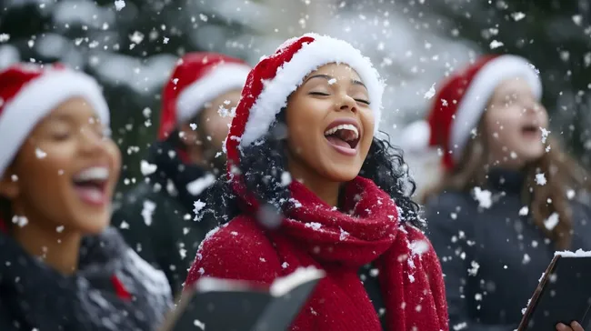 Fröhliche Sänger im Schneefall