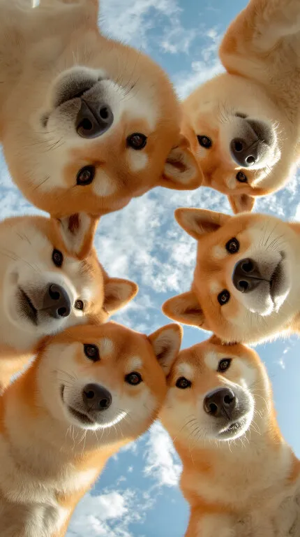 Fröhliche Schar Shiba Inu Hunde im Freien