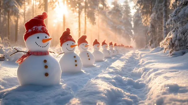 Fröhliche Schneemännchen im Winterwald