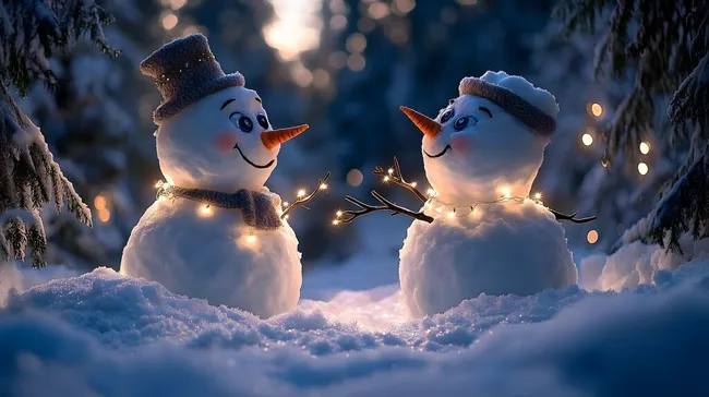 Fröhliche Schneemänner mit Lichterkette im Winterwald