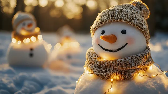 Fröhliche Schneemänner mit Lichterketten im Winterwald