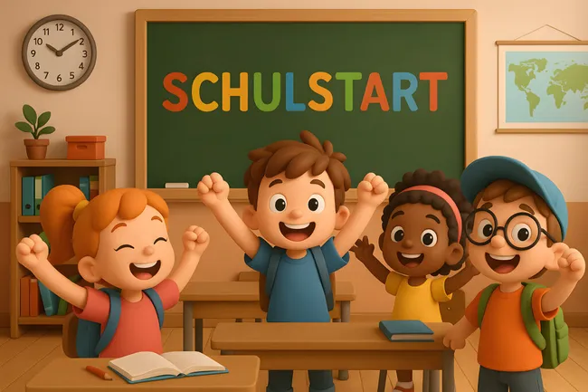 Fröhliche Schüler freuen sich auf den Schulstart