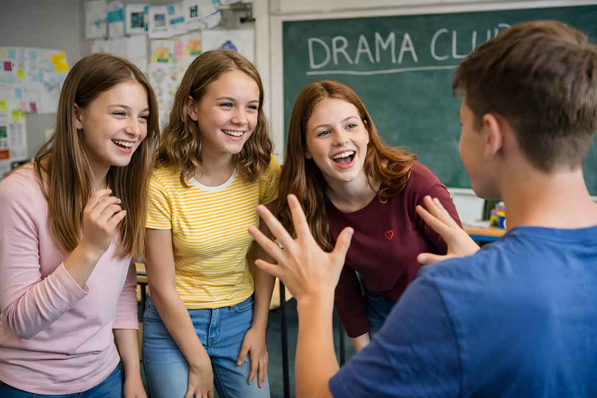 Fröhliche Schüler genießen Drama-Unterricht in Klassenraum