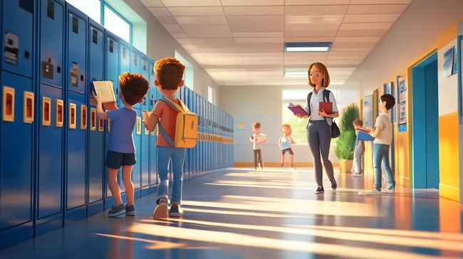 Fröhliche Schüler in lebendiger Schulkulisse