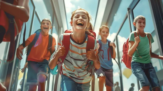 Fröhliche Schüler stürmen jubelnd in die Schule