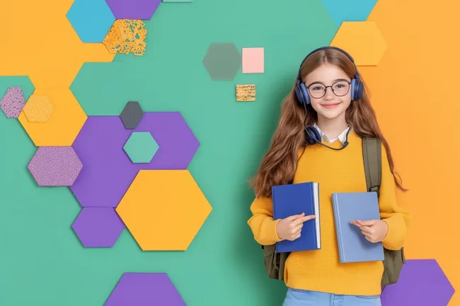 Fröhliche Schülerin mit Kopfhörern vor bunter Wand