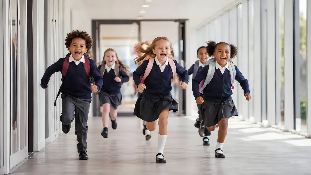 Fröhliche Schulkinder rennen durch den Schulflur