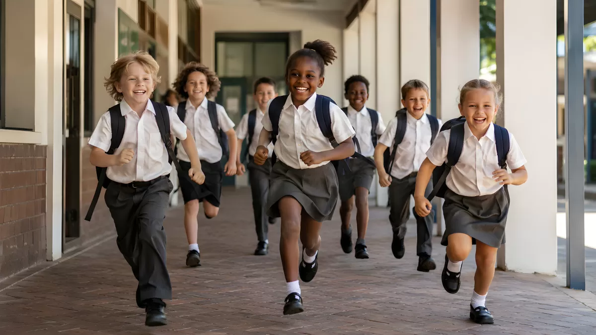 Fröhliche Schulkinder rennen lachend durch den Schulflur