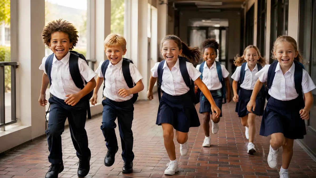 Fröhliche Schulkinder rennen lachend durch den Schulgang