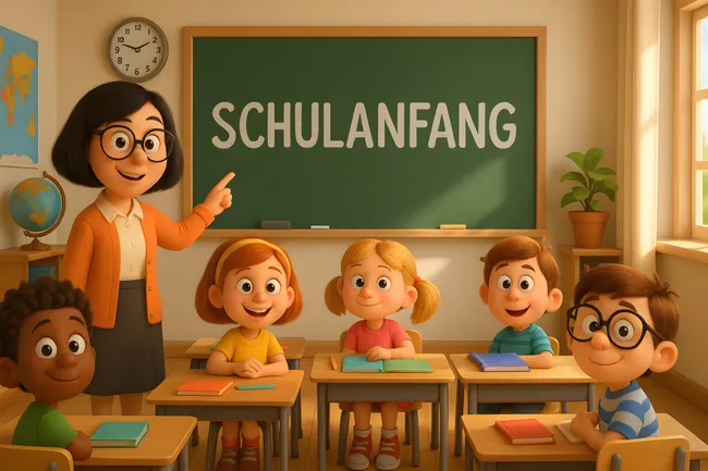 Fröhliche Schulklasse mit lachender Lehrerin im Klassenzimmer
