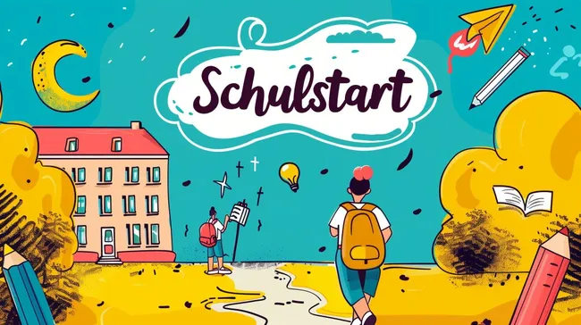 Fröhliche Schulstartillustration mit Schüler und Gebäude