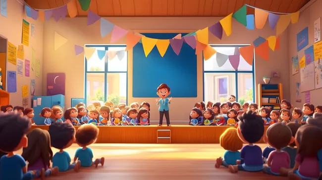 Fröhliche Schulversammlung mit lächelnden Kindern