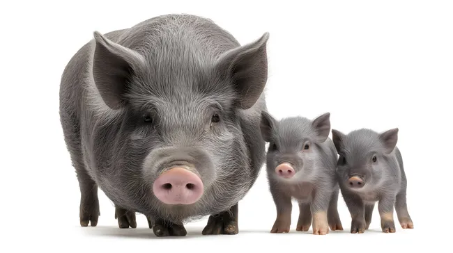 Fröhliche Schweinefamilie mit Muttertier und Ferkeln