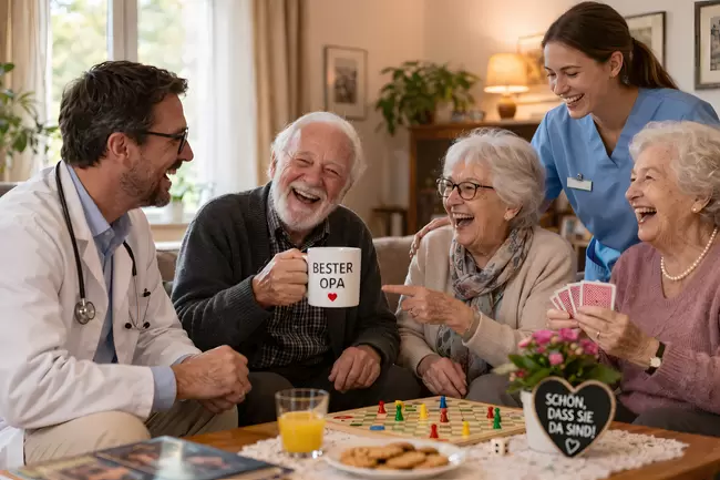 Fröhliche Seniorengruppe spielt gemeinsam Brettspiele