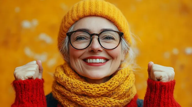 Fröhliche Seniorin strahlt im Herbstoutfit