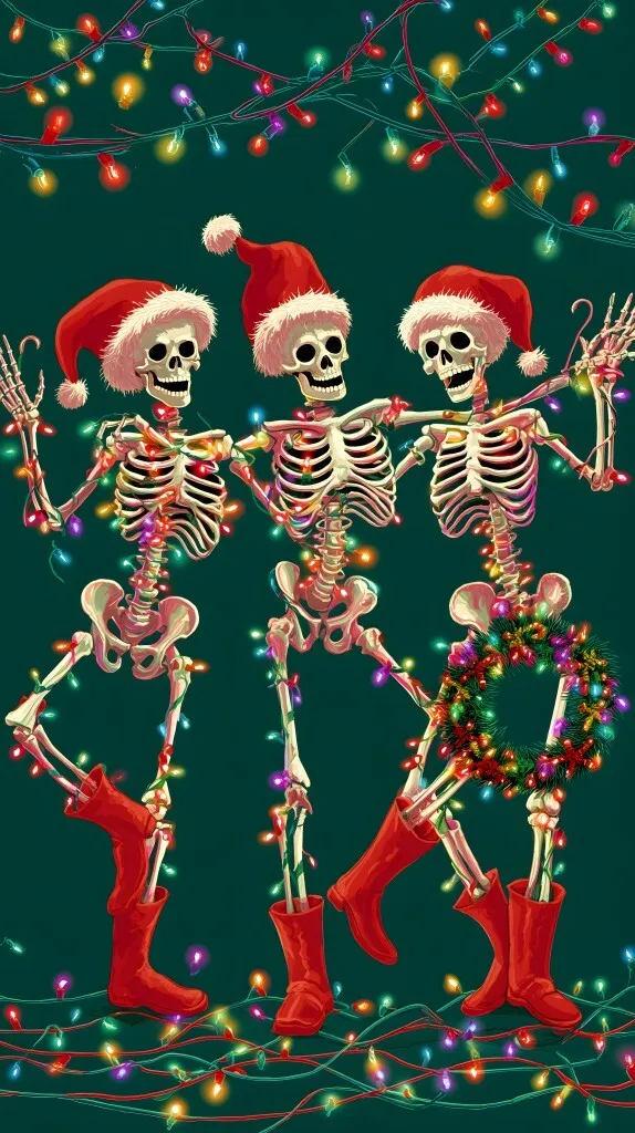 Fröhliche Skelette in Weihnachtsverkleidung