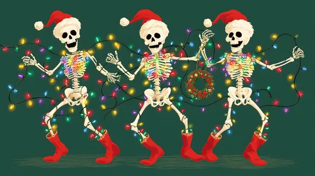 Fröhliche Skelette tanzen mit Weihnachtslichtern