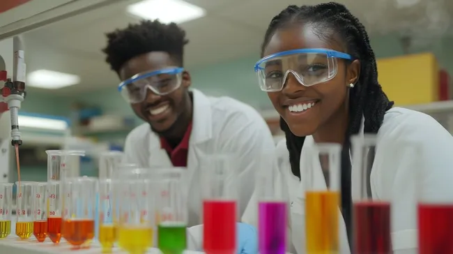 Fröhliche Studenten im Forschungslabor untersuchen bunte Chemikalien