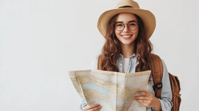Fröhliche Studentin erkundet die Welt mit Karte und Rucksack