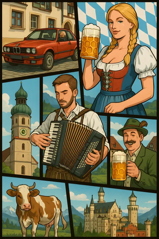 Fröhliche Szene im bayrischen Stil mit Dirndl, Bier und Pkw