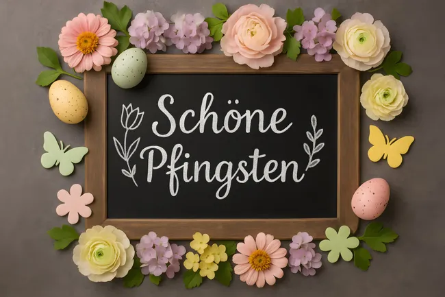 Fröhliche Tafel mit Blumen und Osterdekor zum Pfingstfest