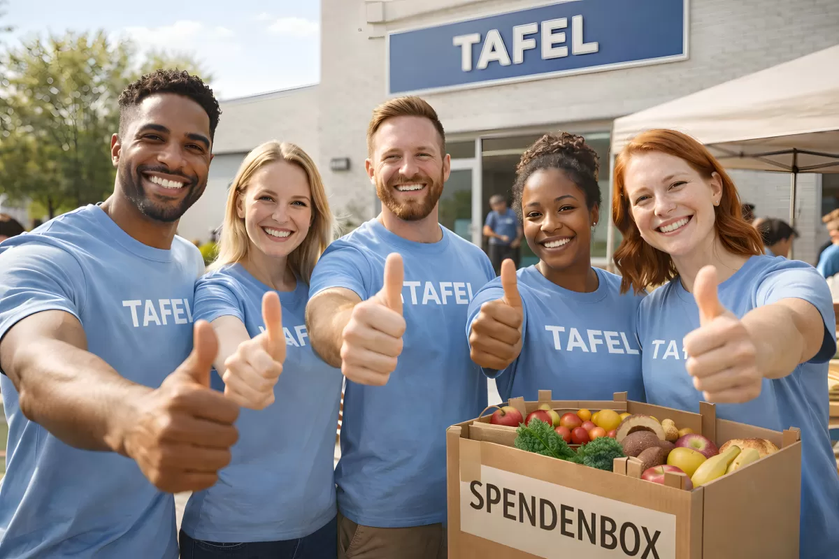 Fröhliche Tafel-Mitarbeiter präsentieren Spenden-Lieferung