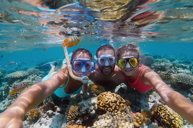 Fröhliche Taucher erkunden Korallenriff