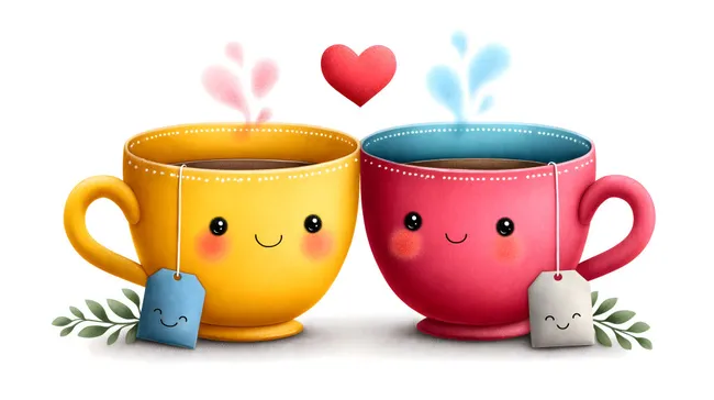Fröhliche Teetassen mit Herzen in Pastellfarben