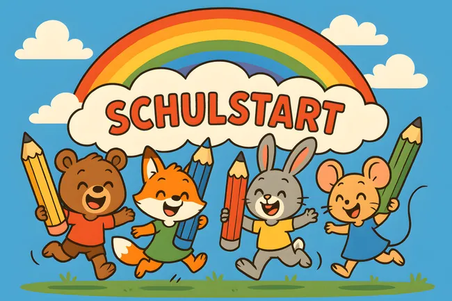 Fröhliche Tiere lernen mit Buntstiften bei Regenbogen